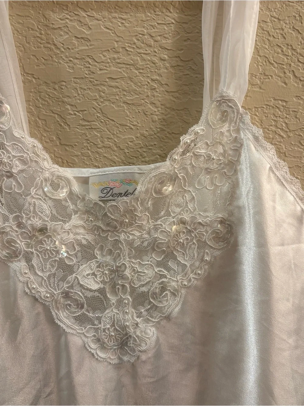 Vintage 90s Dentelle White Satin Lace Slip Dress Medium Bridal - Picture 2 of 7